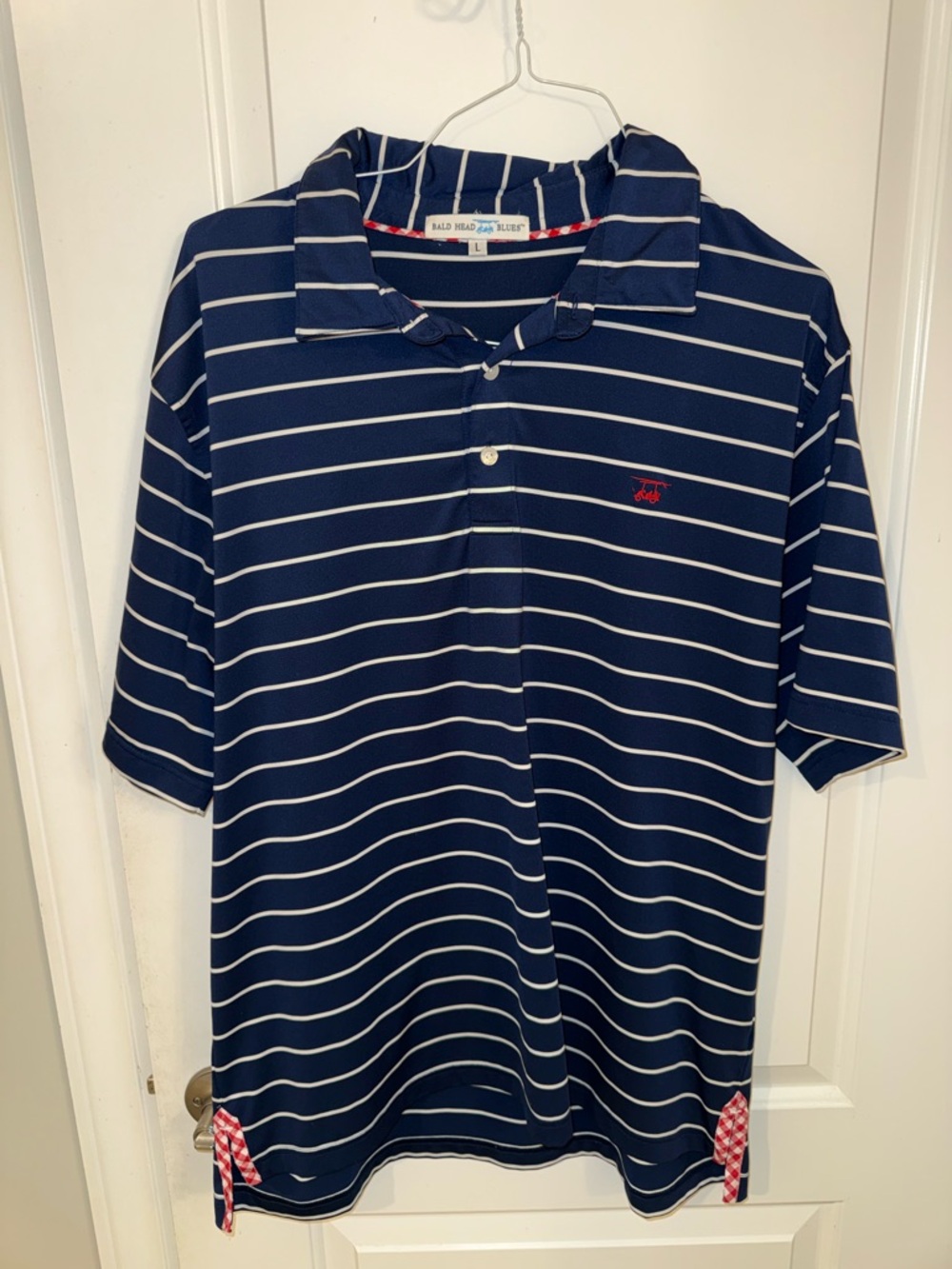 Bald Head Blues Striped Jersey Golf Polo Shirt in Blue Size Large